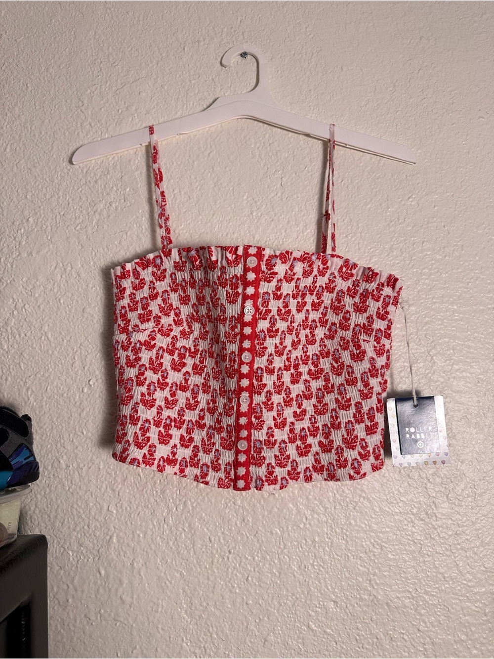 Roller Rabbit Red and White Floral Smocked Crop Top